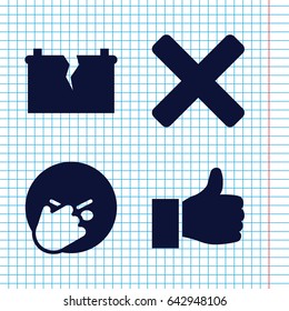 Set of 4 positive filled icons such as facepalm emot, broken battery, cross
