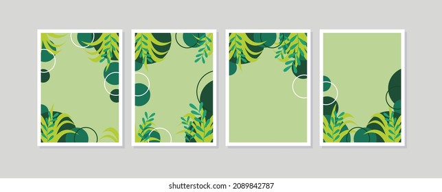 Set of 4 poster frame for wall art of interiors. Modern vector of Nature illustration. Abstract silhouettes tropical leaves. Minimalist geometric shapes of floral ornament