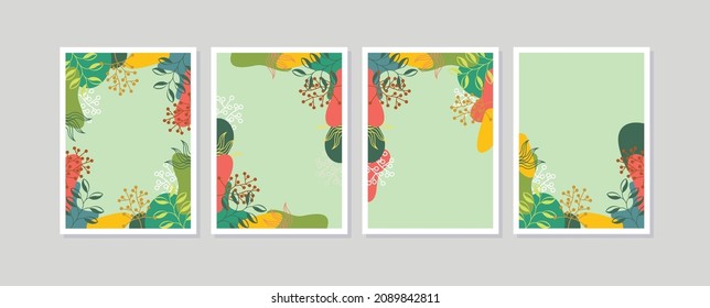Conjunto de 4 marcos de afiches para el arte mural de los interiores. Ilustración moderna del vector de la naturaleza. Silhouettes abstracto de hojas tropicales. Formas geométricas minimalistas de ornamento floral