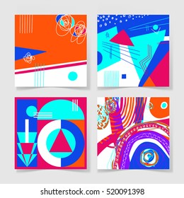 set of 4 posters with abstract trendy pattern background to wedding, birthday, printable wall art, greeting card, web design and other, hand draw vector illustration in bright colors