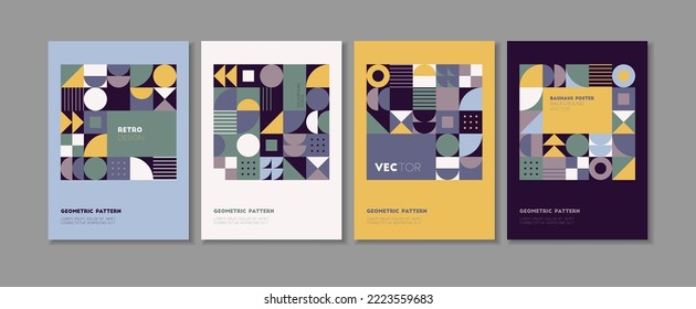 Set of 4 posters with colorful geometric patterns in Bauhaus style. Abstract template design for business presentation, web banner, cover art. Neo geometric posters. Stock vector illustration.