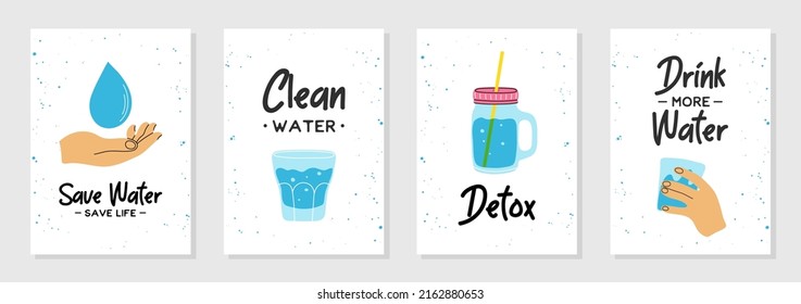 Set of 4 posters flat line modern style with phrases, quotes. Drink more, healthy lifestyle, hydrate motivation, detox, clean, save water, save life. Hand drawn vector illustrations. 