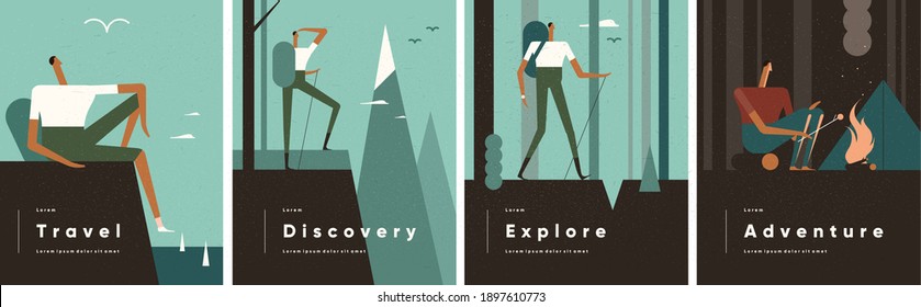 Set of 4 posters. The man looks at the sea,  looks at the mountains, walks through the woods, sits by the campfire. People, adventure and tourism. Vector set illustration in flat cartoon style.