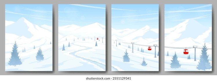 Set von 4 Plakaten mit einer Gebirgswinterlandschaft. Schneebedeckte Berge und Bäume. Skigebiet mit Standseilbahn, Skilift. Konzept für Wintersport, Skifahren und Snowboarden. Vektorbild.