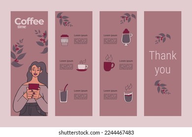 Set of 4 posters or 4 side flyer for cafe, coffee house, coffee bar. Set of four posters. Vertical poster template. Vector illustration.