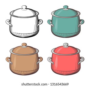 Set of 4 pots. Retro style illustration of pans. Monochrome and colored versions