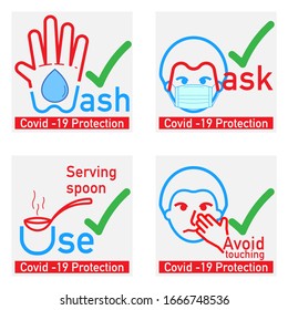 Set of 4 practices for Covid-19 protection. Vector illustration concept outline flat design style.