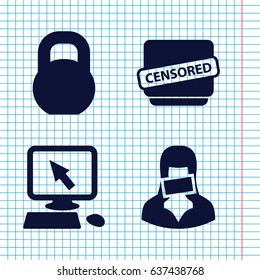 Set of 4 press filled icons such as pointer on display, barbell, censored woman