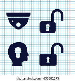 Set of 4 privacy filled icons such as security camera, opened lock, head with keyhole