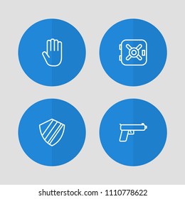 Set of 4 procuring icons line style set. Collection of gun, vault, palm and other elements.