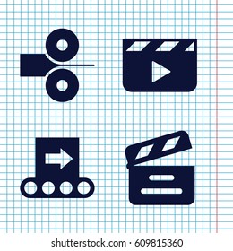 Set of 4 production filled icons such as movie clapper, conveyor, paper press