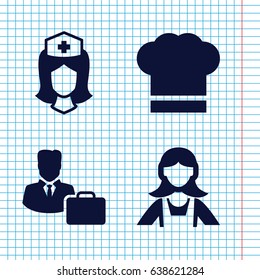 Set of 4 profession filled icons such as maid, nurse, male consultant   with case