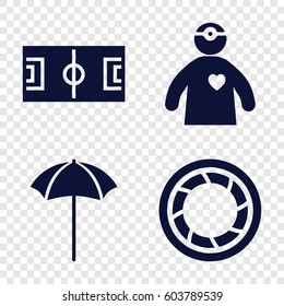 Set of 4 professional filled icons such as doctor with medical reflector, camera shutter, studio umbrella
