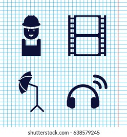 Set of 4 professional filled icons such as worker, movie tape, studio umbrella