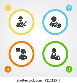 Set Of 4 Professions Icons Set.Collection Of Actor, Military, Producer And Other Elements.