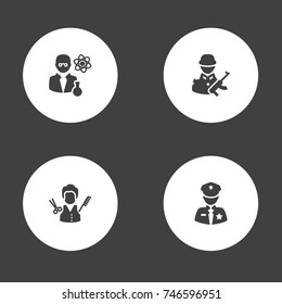 Set Of 4 Professions Icons Set.Collection Of Scholarly, Stylist, Officer And Other Elements.