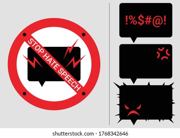 Set 4 prohibition signs of stop hate speech. Protest symbols. Isolated icons of stop social negative word concept. Vector illustration for warning issue, announcement and social media content