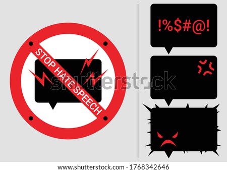 Set 4 prohibition signs of stop hate speech. Protest symbols. Isolated icons of stop social negative word concept. Vector illustration for warning issue, announcement and social media content