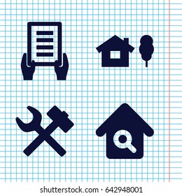 Set of 4 property filled icons such as holding document, home search, wrench hummer