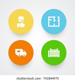 Set Of 4 Property Icons Set.Collection Of Truck, Like, Plan And Other Elements.