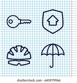 Set of 4 protect outline icons such as home security, helmet, key