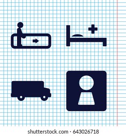 Set of 4 public filled icons such as escalator, woman wc, medical bed