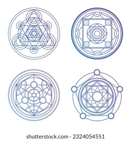Set of 4 purple alchemy circles. Magic geometric circles