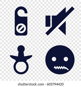 Set of 4 quiet filled icons such as pacifier, do not disturb, emot with zipper mouth
