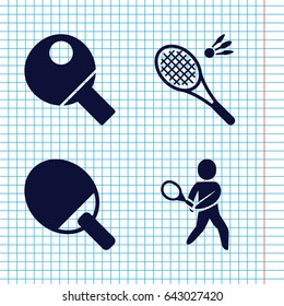 Set of 4 racket filled icons such as tennis playing, table tennis, badminton