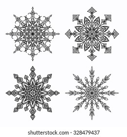set of 4 radial patterns snowflake star on a white background