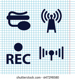 Set of 4 radio filled icons such as pin microphone, rec, signal