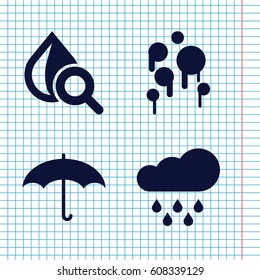 Set of 4 rain filled icons such as drop under magnifier, umbrella, rain