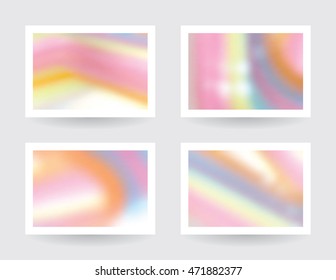 Set of 4 rainbow blur background, colorful laser bokeh white frame on gray wall, gradient vintage pastel backdrop, shinny rays lines banner
