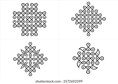 Set of 4 Rangoli or Kolam design line drawings isolated on white background - vector illustration