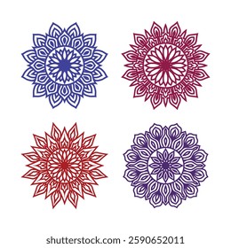 Set of 4 Rangoli or Kolam design line drawings isolated on white background