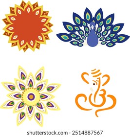 Conjunto de 4 rangoli, pavão rangoli mandala, ganesh rangoli