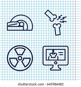 Set of 4 ray outline icons such as x-ray on display, mri, broken leg or arm