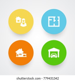 Set Of 4 Real Estate Icons Set.Collection Of Plan, Car, Home And Other Elements.
