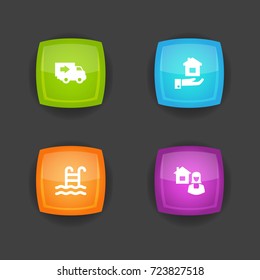 Set Of 4 Real Icons Set.Collection Of Property, Truck, Pool And Other Elements.