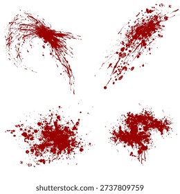 Set of 4 Realistic Blood Splatters. Collection of Various Red Liquid Spray and Splash Patterns for Halloween Graphics.