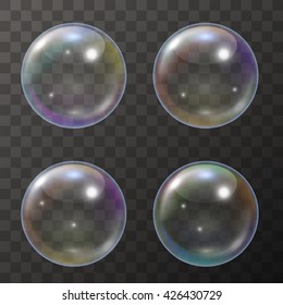 Set of 4 Realistic Soap Bubbles with Rainbow Reflection. Transparent Soap Bubble. Isolated Vector Illustration on Transparent Background. Soap Bubble Isolated.