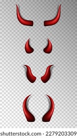 Set of 4 realistic three dimensional devil horns. Red glossy daemon horns isolated on transparent background. Satan decoration, Monster carnival element. Vector illustration EPS 10