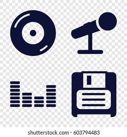 Set of 4 record filled icons such as disc on fire, diskette, equalizer