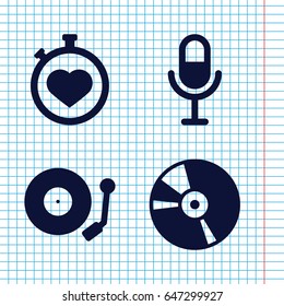 Set of 4 record filled icons such as stopwatch, microphone, cd
