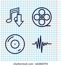 Set of 4 record outline icons such as movie tape, disc on fire, music equalizer