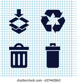 Set of 4 recycle filled icons such as trash bin, recycle, box