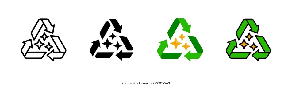 Conjunto de 4 símbolos de reciclaje con parpadeo de inteligencia artificial, icono relacionado con la IA circular, modelo reutilizable y eficiencia de recursos con estilos de variación como delineado, glifo, plano y coloreado.
