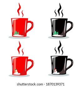 Set of 4 red and black coffee mugs, pine and snowmen pattern