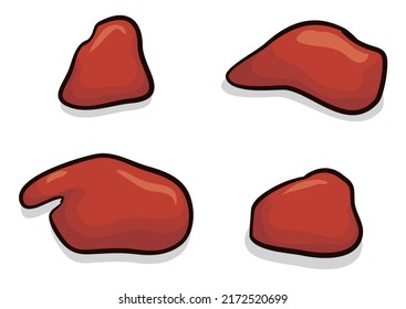 Set with 4 red drops in cartoon style and dark outlines over white background.