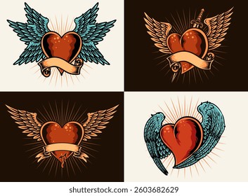 Set of 4 red heart wings vector good or sticker, t shirt, poster